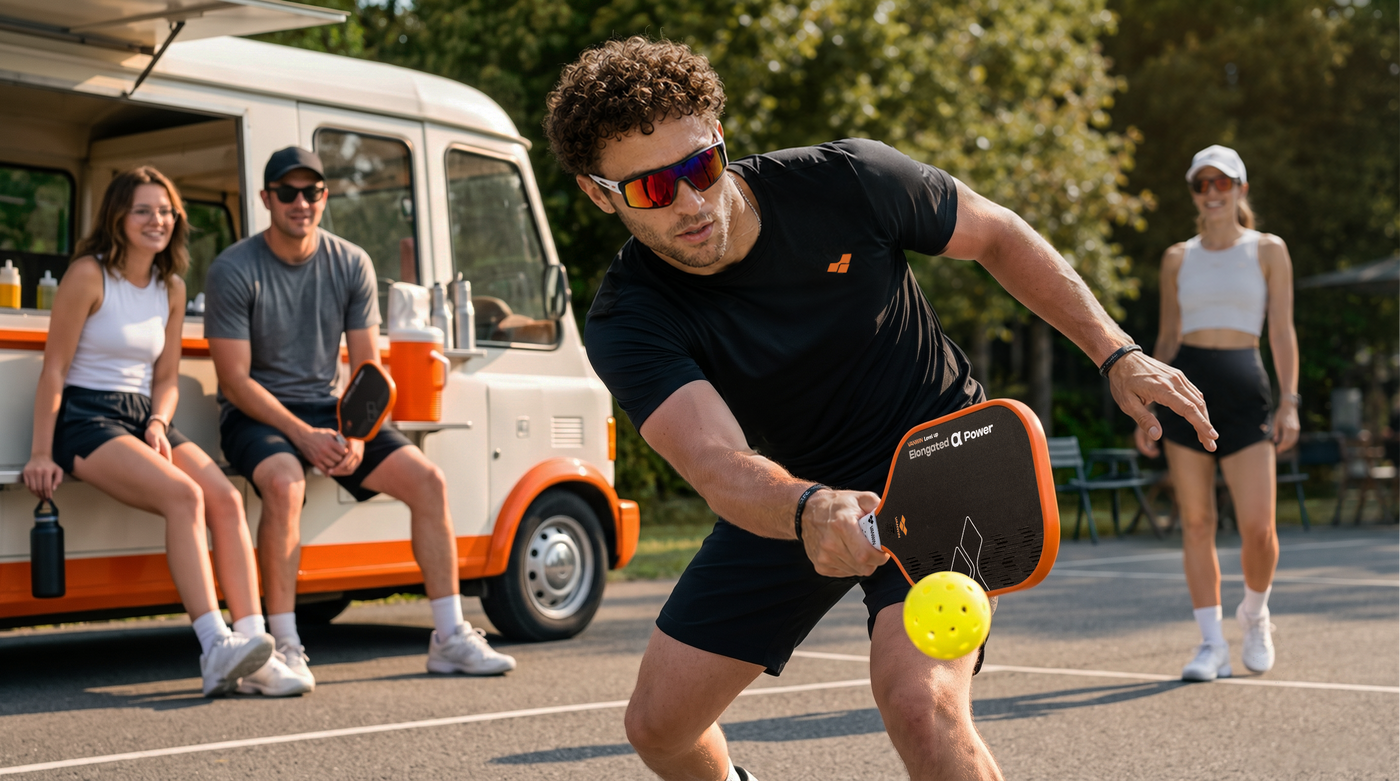 Player hitting a yellow pickleball with a VANWIN Alpha Power paddle outdoors