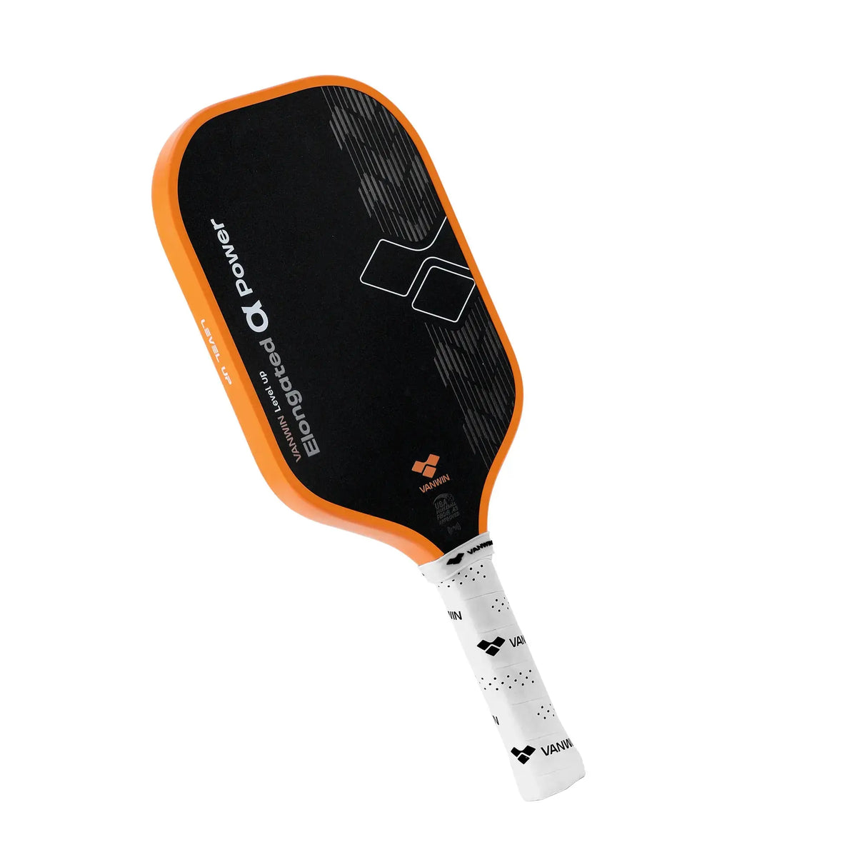 Angled view of the VANWIN Alpha Power pickleball paddle showing the face, edge, and handle