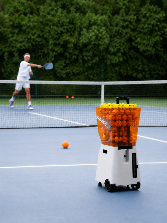 VANWIN portable pickleball training machine on an outdoor court with a player practicing in the background