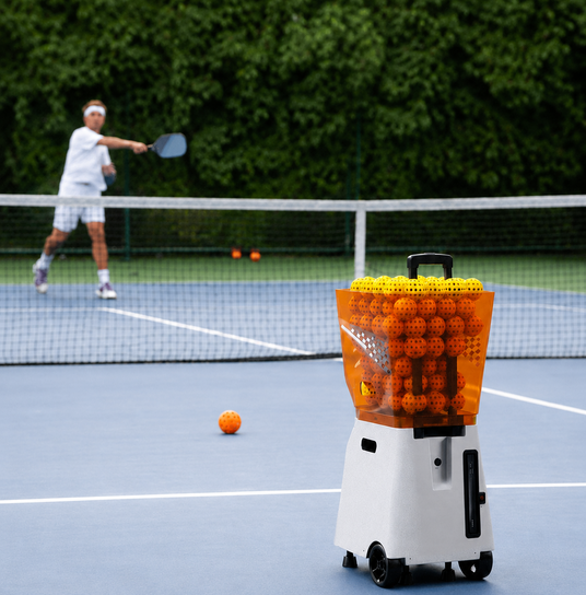 VANWIN portable pickleball training machine on an outdoor court with a player practicing in the background