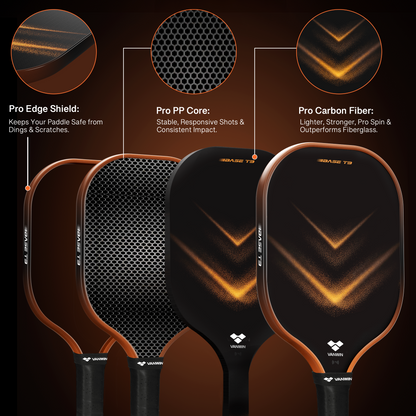 Three paddle sports paddles with detailed features on a dark background
