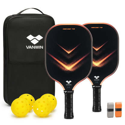 Two pickleball paddles with a black carrying case, three yellow balls, and a grip on a white background. Vanwin branding is visible.