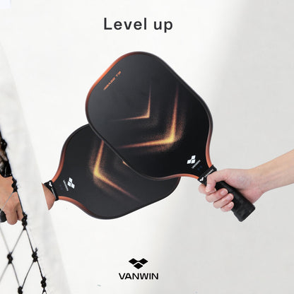 Two hands holding a Vanwin pickleball paddle against a white background with 'Level up' text.