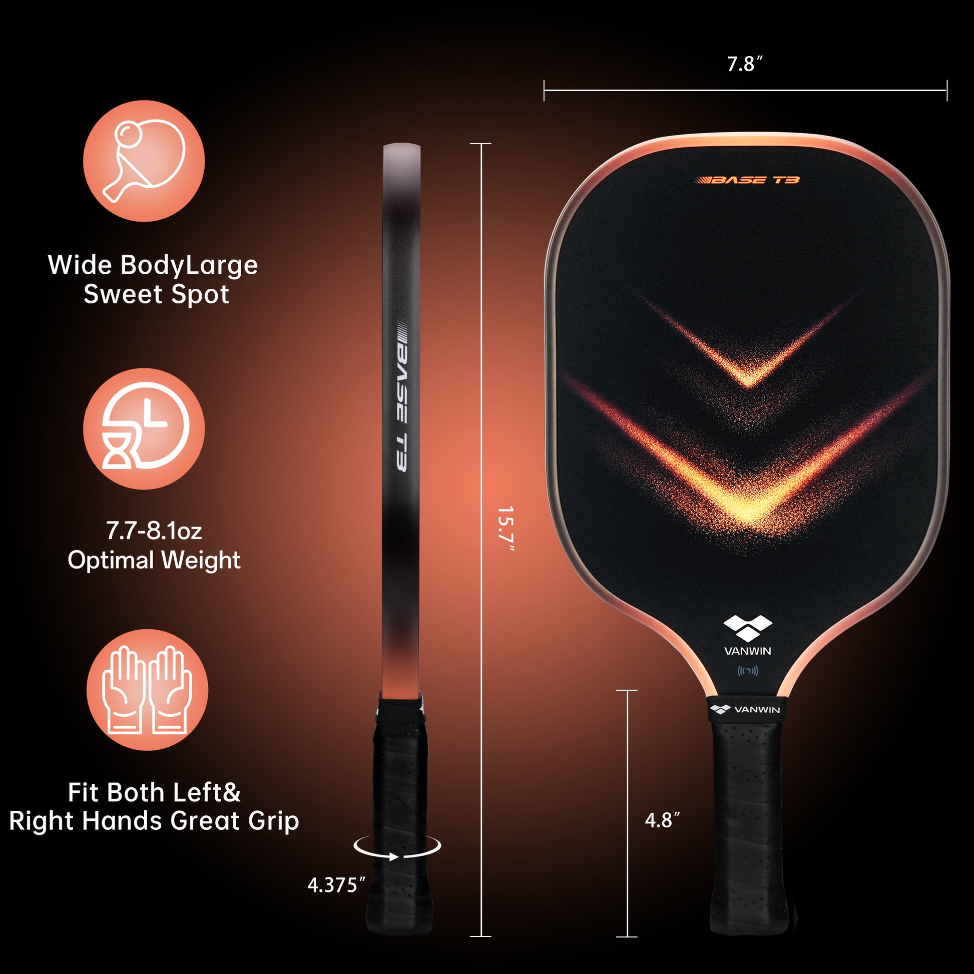 Pickleball paddle with dimensions and features on a dark background