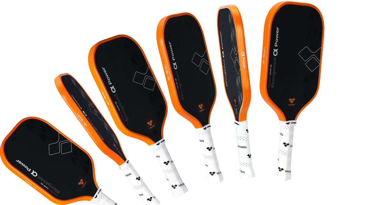 Multiple views of the VANWIN Alpha Power foam-core pickleball paddle showing the face, edge, and handle