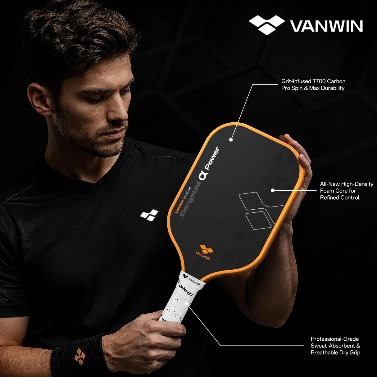 Player holding the VANWIN Alpha Power pickleball paddle during a product demonstration