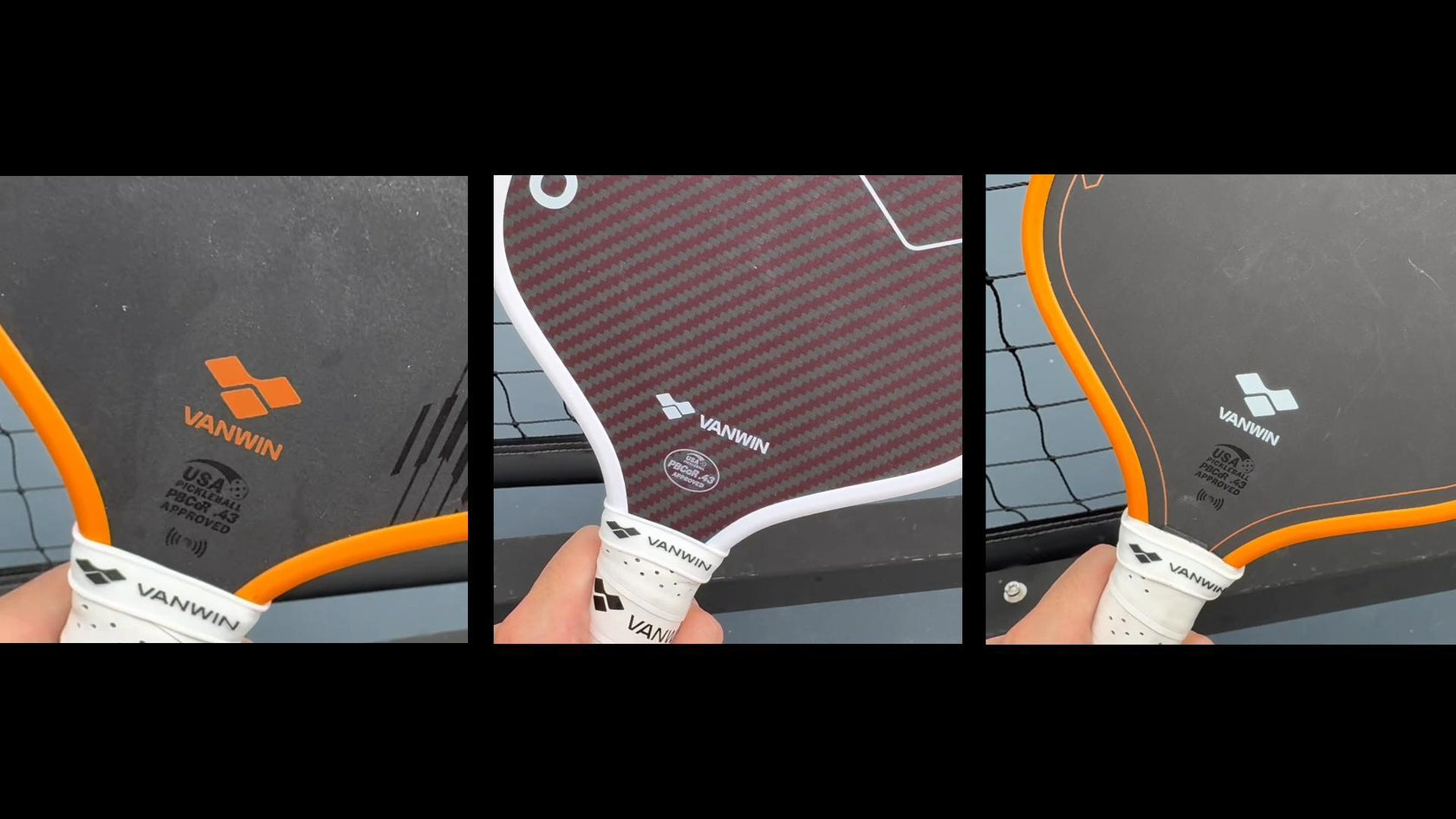 Close-up of a VANWIN Alpha Power foam-core pickleball paddle beside a pickleball net on an outdoor court