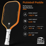 VANWIN Pro T7 specification graphic showing paddle weight, core thickness, and handle details