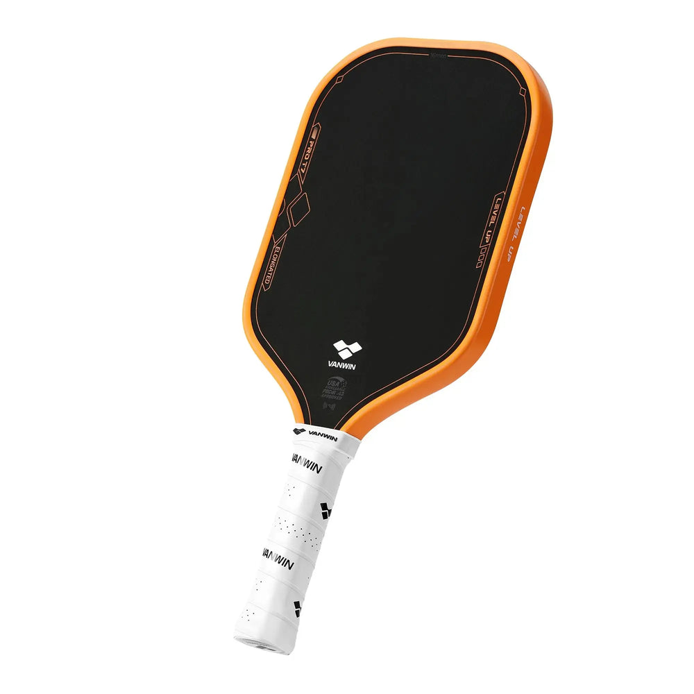 Angled view of the VANWIN Pro T7 raw T700SC carbon fiber pickleball paddle